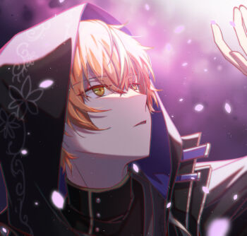 1boy ars_(pixiv10918667) black_hood falling_petals green_eyes hand_up highres hood hood_up looking_at_hand open_mouth orange_hair petals project_sekai shinonome_akito solo