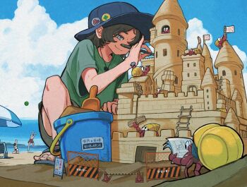 1boy 2girls ball beach beach_umbrella black_hair blue_eyes blueprint_(object) bucket chisel cloud cumulonimbus_cloud day flag green_shirt hammer hard_hat hat helmet hermit_crab highres ladder multiple_girls original outdoors sand sand_castle sand_sculpture shirt short_sleeves shorts smile squatting t-shirt umbrella water yamaso