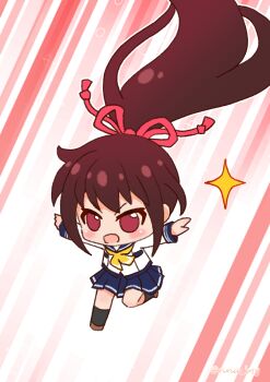 Rule 34 | 1girl, battle girl high school, black socks, brown shoes, chibi, chibi only, commentary request, floating hair, full body, hair ribbon, highres, himukai yuri, long hair, neckerchief, nna btg, open mouth, outstretched arms, pleated skirt, ponytail, red eyes, ribbon, school uniform, shirt, shoes, skirt, socks, solo, spread arms, white shirt, yellow neckerchief