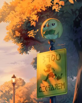 absurdres backpack bag beak bird cloud cloudy_sky commentary english_commentary gen_7_pokemon highres hoishere7 lamppost leaf morning nintendo owl pokemon pokemon_(creature) pokemon_focus rowlet sign sky tree warning_sign wings