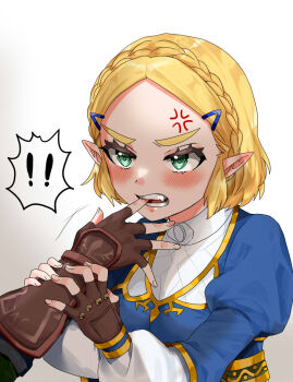 ! !! 1girl anger_vein angry biting biting_finger blonde_hair blue_shirt blush braid brown_gloves commentary_request crown_braid fingerless_gloves gloves gold_trim green_eyes highres holding_another&#039;s_arm nintendo pointy_ears princess_zelda shirt short_hair solo_focus teeth the_legend_of_zelda the_legend_of_zelda:_tears_of_the_kingdom upper_body wasabi_(legemd)
