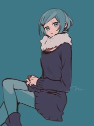 Rule 34 | 1girl, blue background, blue eyes, blue hair, blush stickers, boots, crossed legs, dress, feet out of frame, frown, fur collar, highres, long sleeves, looking at viewer, maco22, original, pantyhose, short hair, sitting, sketch, solo, sweater, sweater dress