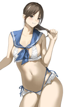1girl absurdres bikini blue_ribbon blue_sailor_collar breasts brown_eyes brown_hair commentary_request frilled_bikini frills grabbing_own_hair hand_up highres holding holding_own_hair long_hair looking_at_viewer medium_breasts navel original ponytail ribbon sailor_collar simple_background solo standing stomach swimsuit white_bikini yykuaixian