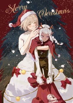 1boy 1girl alternate_costume annoyed antlers blonde_hair blush bow braid capelet christmas_ornaments commentary dark-skinned_male dark_skin dungeon_meshi falin_touden fir_tree frown hat highres horns lifting_person long_hair merry_christmas purple_eyes red_bow red_capelet reindeer_antlers sack santa_hat shirt short_hair skirt smile snowing thistle_(dungeon_meshi) trap tree white_hair white_shirt white_skirt yansi_272 yellow_eyes