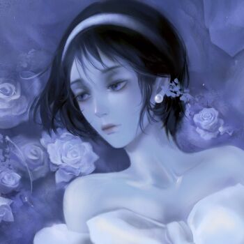 1girl alien_stage anirrie bare_shoulders black_hair closed_mouth collarbone commentary earrings flower hairband hashtag-only_commentary highres jewelry pearl_earrings portrait purple_eyes rose short_hair solo sphere_earrings sua_(alien_stage) white_hairband