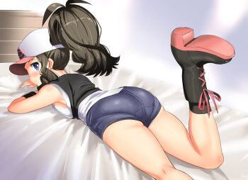 1girl antenna_hair ass bare_legs bare_shoulders baseball_cap bed bed_sheet black_boots blue_eyes blush body_blush boots breasts brown_hair commentary_request crotch_seam from_behind hat highres hilda_(pokemon) leg_up long_hair looking_at_viewer looking_back medium_breasts mushi_gyouza nintendo on_bed pink_ribbon poke_ball_print pokemon pokemon_bw profile revision ribbon shirt shoelaces short_shorts shorts sideboob sidelocks sleeveless sleeveless_shirt solo sweatband white_shirt wooden_floor