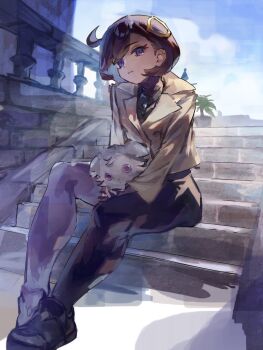 1girl black_hair bodysuit dark-skinned_female dark_skin emma_(pokemon) espurr gen_6_pokemon gloves jacket long_sleeves looking_at_viewer nintendo pokemon pokemon_legends:_z-a purple_eyes shoes short_hair sitting stairs wndhi