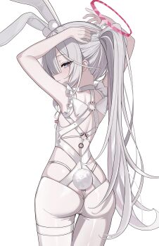 1girl absurdres adjusting_hair animal_ears arms_up ass blue_archive cosplay fake_animal_ears fake_tail from_behind hair_over_one_eye halo highres le_malin_(azur_lane) le_malin_(azur_lane)_(cosplay) le_malin_(listless_lapin)_(azur_lane) leotard looking_at_viewer looking_back loyo pantyhose plana_(blue_archive) playboy_bunny rabbit_ears rabbit_tail red_halo red_pupils sideways_glance solo tail tying_hair white_background white_hair white_leotard white_pantyhose
