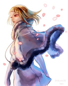 1girl black_hairband blonde_hair capelet closed_mouth dated drag-on_dragoon drag-on_dragoon_3 dress facial_mark forehead_mark fur_trim hairband lips long_sleeves one_(drag-on_dragoon) red_eyes roman_numeral short_hair simple_background solo wa_(87s-87) white_background white_capelet