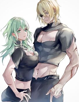 1boy 1girl black_shorts blonde_hair breasts cleavage cleavage_cutout closed_mouth clothing_cutout commentary_request cosplay crossdressing crossdressing_(mtf) dimitri_alexandre_blaiddyd dimitri_alexandre_blaiddyd_(timeskip) eyepatch female_byleth_(awakened)_(fire_emblem) female_byleth_(fire_emblem) female_byleth_(fire_emblem)_(cosplay) fire_emblem fire_emblem:_three_houses green_eyes green_hair hand_on_own_hip highres looking_at_viewer matching_outfits medium_breasts medium_hair midriff navel nintendo official_alternate_eye_color official_alternate_hair_color pectorals short_hair shorts simple_background standing stomach white_background zat_296