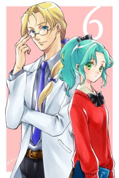 1boy 1girl adjusting_eyewear alternate_costume aqua_hair belt black_bow black_bowtie black_pants black_ribbon blonde_hair blue_eyes blue_necktie blue_ribbon book border bow bowtie breasts brown_belt closed_mouth collared_shirt edgar_roni_figaro final_fantasy final_fantasy_vi glasses green_eyes grey_shirt hair_over_shoulder hair_ribbon holding holding_book jacket long_hair medium_breasts multi-tied_hair necktie pants parted_bangs pink_background ponytail quichi_91 red_sweater ribbon shirt shirt_under_sweater suit_jacket sweater tina_branford white_border white_jacket white_shirt