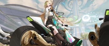 Rule 34 | 1girl, absurdres, black skirt, black socks, blonde hair, breasts, closed mouth, colored tips, commentary, english commentary, green hair, hair between eyes, hair ornament, headphones, headphones around neck, highres, krmpuris, long hair, looking at viewer, looking to the side, lynae (wuthering waves), medium breasts, motor vehicle, motorcycle, multicolored hair, purple eyes, shirt, skirt, skull hair ornament, smile, socks, solo, very long hair, white shirt, wuthering waves