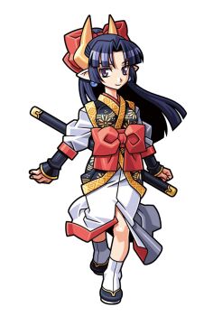 Rule 34 | 1girl, black kimono, blue hair, bow, closed mouth, earrings, fuyou (shinrabanshou), hair bow, harakawa mitsuhiro, high ponytail, horns, japanese clothes, jewelry, kimono, light smile, long hair, multicolored kimono, obi, obi bow, official art, orange horns, orange kimono, parted bangs, pointy ears, ponytail, purple eyes, red bow, sash, sheath, shinrabanshou, shoes, solo, third-party source, transparent background, white kimono, wide ponytail