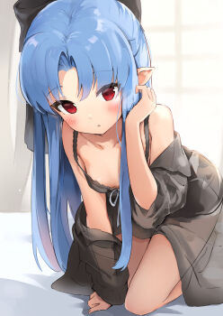 1girl absurdres blue_hair blush bow breasts commission hair_bow highres koy_(4767269) len_(tsukihime) loli long_hair looking_at_viewer pointy_ears red_eyes skeb_commission small_breasts solo tsukihime