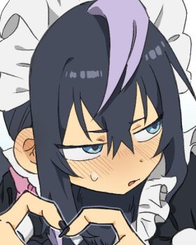 Rule 34 | 1boy, aki (korisumochi), averting eyes, black feathers, black hair, blue eyes, blush, commentary request, crossdressing, crossdressing (mtf), ear blush, feathers, fingernails, hands up, harpy boy, heart, heart hands, korisumochi, maid, maid headdress, male focus, monster boy, neck feathers, original, portrait, sharp fingernails, short hair, solo, sweatdrop, variant set