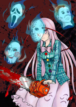 1girl billy_the_puppet blank_eyes blood bloody_weapon blue_fire bow bowtie chainsaw circle cosplay cowboy_shot cross empty_eyes expressionless fire floating friday_the_13th ghostface green_jacket halloween halloween_(movie) hata_no_kokoro highres holding holding_weapon hollow_eyes jacket jason_voorhees jason_voorhees_(cosplay) kijiwu long_hair long_sleeves looking_at_viewer mask michael_myers no_pupils parody pink_bow pink_bowtie pink_eyes pink_hair pink_skirt plaid_clothes plaid_jacket plaid_shirt saw saw_(movie) scream_(movie) screaming shirt skirt star_(symbol) touhou triangle weapon