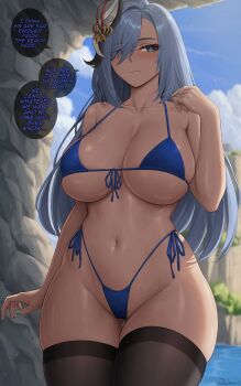 1girl alternate_costume bikini black_thighhighs blue_bikini blush breasts cameltoe cleavage closed_mouth collarbone commentary cowboy_shot english_commentary english_text genshin_impact gluteal_fold green_eyes grey_hair hair_ornament hair_over_one_eye hand_up highres large_breasts long_hair looking_at_viewer navel outdoors revision shenhe_(genshin_impact) side-tie_bikini_bottom skindentation smile solo swimsuit thigh_gap thighhighs thighs underboob zaphn