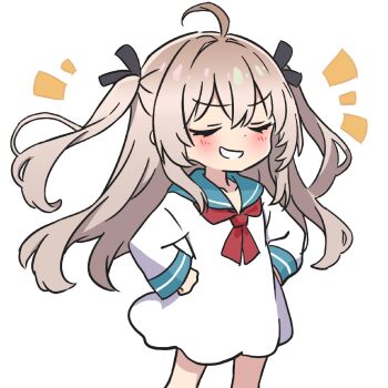 Rule 34 | 1girl, :d, ahoge, ami b1196260828, atri, atri-my dear moments-, black ribbon, blue sailor collar, blush, brown hair, chibi, chibi only, chinese commentary, commentary request, doyagao, dress, feet out of frame, grin, hair intakes, hair ribbon, hands on own hips, long hair, long sleeves, neckerchief, notice lines, open mouth, red neckerchief, ribbon, sailor collar, sailor dress, sidelocks, simple background, smile, smug, solo, standing, two side up, v-shaped eyebrows, very long hair, white background, white dress, wide sleeves