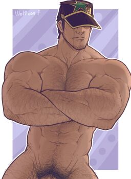 Rule 34 | 1boy, abs, arm hair, bara, broad shoulders, chest hair, covered eyes, cowboy shot, crossed arms, facial hair, groin, hat, highres, jojo no kimyou na bouken, kuujou joutarou, large pectorals, leg hair, male focus, mature male, muscular, muscular male, nude, pectorals, penis, penis peek, pubic hair, pubic hair peek, scar, scar across eye, scar on face, sideburns, signature, solo, star (symbol), stomach hair, stubble, thick arms, wolf con f
