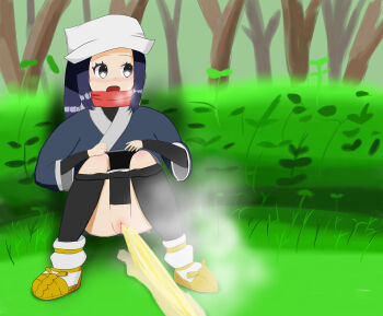 1girl akari_(pokemon) black_hair black_kimono black_pantyhose blush breath brown_sandals bush clothes_pull forest galaxy_expedition_team_survey_corps_uniform grass grey_eyes hat japanese_clothes k_(pixiv_109199668) kimono long_hair long_sleeves looking_down nature nintendo open_mouth panties panty_pull pantyhose pantyhose_pull peeing pokemon pokemon_legends:_arceus puddle pussy red_scarf relief sandals scarf socks squatting steam tree underwear white_hat white_panties white_socks