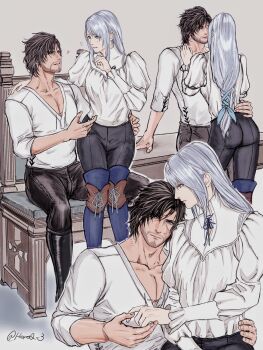 1boy 1girl arm_around_neck arm_around_waist beard_stubble black_boots black_hair black_pants blue_boots blue_ribbon boots braid breasts clive_rosfield couple facial_hair facial_scar final_fantasy final_fantasy_xvi grey_hair hair_between_eyes hair_ribbon hand_on_another&#039;s_waist hetero highres holding_hands horoq3 jill_warrick juliet_sleeves long_hair long_sleeves looking_at_another low-tied_long_hair medium_breasts multiple_views pants parted_lips pectorals puffy_sleeves ribbon scar scar_on_cheek scar_on_face shirt short_hair side_braid sitting stubble twitter_username white_shirt