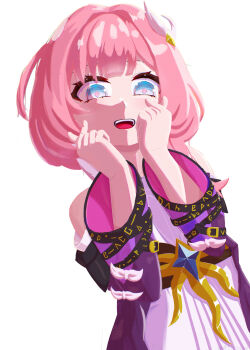 Rule 34 | 1girl, atasshe, bare shoulders, blue eyes, blush, commentary, cyrene (honkai: star rail), english commentary, figure, highres, honkai: star rail, honkai (series), looking at viewer, open mouth, pink hair, short hair, simple background, smile, solo, solo focus, white background