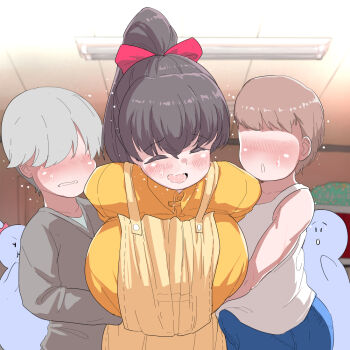 1girl 2boys age_difference blush breasts brown_hair bulge erection erection_under_clothes grabbing_another&#039;s_breast grabbing_from_behind groping huge_breasts long_hair looking_at_viewer multiple_boys open_mouth original penis ponytail pt shota size_difference