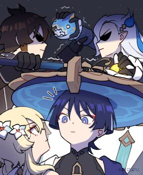 1girl 3boys black_bodysuit black_gloves blonde_hair blue_eyes blue_flower blue_hair blue_hat blue_sleeves blunt_ends bodysuit bright_pupils brown_hair brown_sleeves closed_mouth eva_dudu eyeliner eyeshadow feather_hair_ornament feathers flower frilled_sleeves frills genshin_impact gloves gold hair_flower hair_ornament hat highres holding holding_another&#039;s_wrist holding_weapon hollow_eyes jingasa looking_at_another lumine_(genshin_impact) makeup mandarin_collar multicolored_flower multicolored_hair multiple_boys neuvillette_(genshin_impact) notice_lines pointy_ears red_eyeliner red_eyeshadow scaramouche_(genshin_impact) shaded_face shoulder_peek streaked_hair trembling wanderer_(genshin_impact) weapon white_flower white_hair white_pupils yellow_eyes zhongli_(genshin_impact)