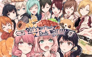 ! !! !? ...! 6+girls :d ^_^ aoba_moca aqua_hair baguette bang_dream! bang_dream!_girls_band_party! between_fingers black_hair black_shirt blonde_hair blue_eyes blue_jacket blue_shirt bread brown_hair character-themed_food checkerboard_cookie chocolate_cornet clenched_hands closed_eyes commentary_request cookie croquette english_text food french_fries futaba_tsukushi green_eyes grey_hair grin hanazono_tae highres hikawa_hina himari_(blue_archive) holding holding_food holding_spoon imai_lisa jacket kitazawa_hagumi lettuce long_hair long_sleeves low_twintails maruyama_aya medium_hair michelle_(bang_dream!) multiple_girls nervous nervous_sweating noodles open_clothes open_jacket open_mouth orange_eyes orange_hair palms_together pink_eyes pink_hair pink_shirt ramen red_hair red_jacket sato_masuki shirt short_hair smile spoken_interrobang spoon steak steam sweat tonkotsu_ramen twintails udagawa_tomoe ushigome_rimi yukitake_(bullfalk)