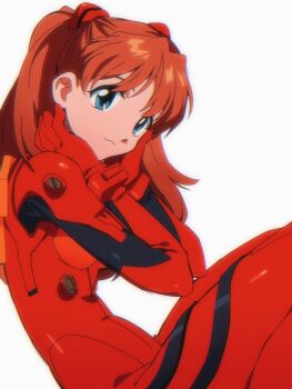 1girl 4zw89qkqagggcf7 :3 blue_eyes bodysuit breasts brown_hair gloves hair_ornament highres legs_together long_hair looking_at_viewer mecha_pilot_suit medium_breasts neon_genesis_evangelion plugsuit_(evangelion) red_bodysuit red_gloves shiny_clothes simple_background sitting souryuu_asuka_langley white_background wide_hips