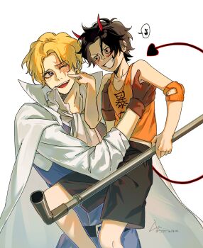 Rule 34 | 2boys, aged down, ascot, bare shoulders, belt, black hair, blonde hair, blue eyes, blue vest, blush, brown gloves, cape, demon horns, demon tail, gloves, grin, highres, holding, horns, lifting person, looking at another, male focus, multiple boys, musical note, one eye closed, one piece, open mouth, orange tank top, portgas d. ace, sa alkali22, sabo (one piece), scar, scar on face, shirt, short hair, simple background, smile, spoken musical note, tail, tank top, upper body, vest, white ascot, white background, white cape, white shirt