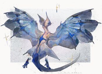 anyebird border dragon fins from_behind full_body head_fins highres legiana monster monster_focus monster_hunter:_world monster_hunter_(series) no_humans outside_border sparkle spread_wings tail white_border wings wyvern