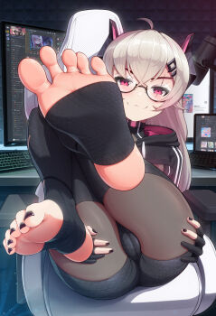 1girl :3 absurdres ahoge animal_ears artist_name ass ass_focus black-framed_eyewear black_nails black_thighhighs blush cameltoe chair choker closed_mouth computer computer_keyboard crossed_bangs discord english_text feet female_focus fingerless_gloves fingernails foot_focus foreshortening full_body glasses gloves grabbing_own_ass hair_between_eyes hair_ornament hairclip highres hood hood_down hooded_jacket horns indie_virtual_youtuber indoors jacket keyboard knees_to_chest knees_together_feet_apart knees_up laptop long_hair looking_at_viewer mechanical_ears mechanical_horns merrytail microphone monitor multiple_monitors nail_polish no_shoes office_chair presenting_feet presenting_foot red_eyes saruei_(vtuber) scar scar_across_eye scar_on_face see-through_clothes sitting soles solo stirrup_legwear swivel_chair table thighhighs toeless_legwear toenail_polish toenails twitter virtual_youtuber white_hair