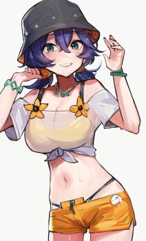1girl belle_(summer_skies)_(zenless_zone_zero) belle_(zenless_zone_zero) bikini black_hat blue_hair bracelet breasts bucket_hat cleavage collarbone commentary_request green_eyes hair_between_eyes hat highres jewelry large_breasts looking_at_viewer medium_breasts navel necklace official_alternate_costume orange_shorts revision shirt short_hair short_twintails shorts solo solokitsune sweat swimsuit tied_shirt twintails white_shirt zenless_zone_zero