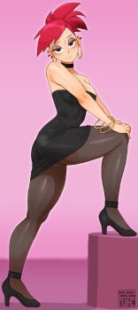 ass black_choker black_dress black_pantyhose bracelet breasts choker commentary dress ear_piercing earrings english_commentary foster's_home_for_imaginary_friends frankie_foster high_heels highres jewelry looking_at_viewer makeup medium_breasts medium_hair panties pantyhose piercing pink_background red_hair simple_background thick_thighs thighs underwear zznakuu