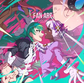 Rule 34 | 2girls, :d, absurdres, braid, clefable, commentary request, dark-skinned female, dark skin, dragalge, dress, eyelashes, floating hair, from side, gen 1 pokemon, gen 6 pokemon, gloves, green hair, highres, jacinthe (pokemon), jewelry, lebanne (pokemon), long hair, long sleeves, mugiccha2, multiple girls, nintendo, open mouth, pokemon, pokemon (creature), pokemon legends: z-a, puffy sleeves, purple dress, ring, smile, teeth, tilted headwear, twitter username, upper teeth only, watermark, white gloves