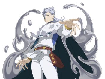 Rule 34 | 1boy, absurdres, black clover, black clover m: rise of the wizard king, blue cape, braid, cape, grey hair, hair between eyes, highres, looking at viewer, male focus, medium hair, narrowed eyes, non-web source, nozel silva, official art, pants, purple eyes, shirt, simple background, solo, transparent background, white pants, white shirt