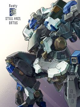 Rule 34 | armored core, armored core vi: fires of rubicon, character name, english text, extra eyes, green eyes, hashtag-only commentary, highres, kingyohashioki, mecha, mecha focus, no humans, on one knee, robot, science fiction, solo, steel haze ortus, thrusters
