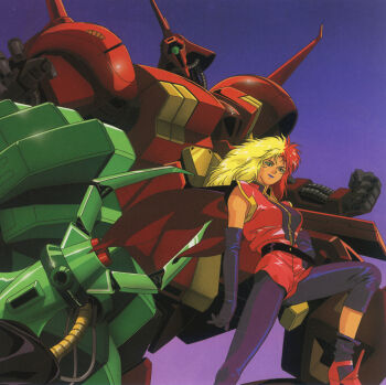 Rule 34 | 1990s (style), 1girl, boots, breasts, cable, chara soon, commentary, cover, dvd cover, english commentary, gundam, gundam zz, hamma hamma, highres, key visual, kitazume hiroyuki, long hair, mecha, medium breasts, mobile suit, multicolored hair, neo zeon, official art, one-eyed, promotional art, r-jarja, retro artstyle, robot, scan, science fiction, spiked hair, traditional media, uniform, vest