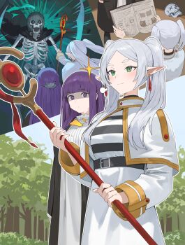 Rule 34 | 2girls, alternate breast size, blunt bangs, blush, book, breasts, bright pupils, closed mouth, earrings, emphasis lines, fern (sousou no frieren), floating earrings, frieren, green eyes, grey hair, highres, holding, holding book, holding staff, hood (james x), large breasts, long hair, long sleeves, looking at another, multiple girls, open book, outdoors, pointy ears, purple eyes, purple hair, skeleton, smile, sousou no frieren, staff, twintails, white pupils