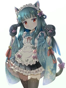 1girl alternate_costume animal_ears animal_hands apron blue_eyes blush breasts cat_ears cat_tail closed_mouth commentary_request gloves hair_ornament highres hime_cut idolmaster idolmaster_cinderella_girls japanese_clothes long_hair long_sleeves maid maid_headdress michii_yuuki paw_gloves red_eyes sajo_yukimi simple_background small_breasts smile solo tail thighhighs wa_maid white_background