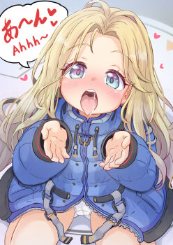 1girl blonde_hair blue_coat blue_eyes blue_jacket blush cameltoe coat cupping_hands diana_(pragmata) forehead heart jacket loli long_hair long_sleeves looking_at_viewer no_pants open_mouth oral_invitation own_hands_together panties pantyshot parted_bangs pragmata saliva saliva_trail sexually_suggestive sitting solo speech_bubble teeth tomagiri tongue tongue_out underwear wariza white_panties