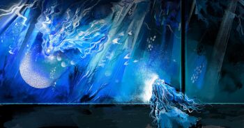 Rule 34 | 1girl, blue hair, blue theme, commentary, doll joints, elden ring, elden ring nightreign, flower wreath, from behind, head wreath, helix, highres, jellyfish, jewelry, joints, long hair, maris (elden ring), melo ( suzume o ), monster, one-eyed, revenant (elden ring), tentacles, translucent, untranslatable commentary, veil, white veil