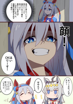 +++ 2girls ahoge blue_eyes blue_hairband blue_jacket blue_sailor_collar blue_shirt chibi closed_eyes closed_mouth commentary ear_covers ear_ornament grey_hair grin hair_ornament hairband headband hiro_(pqtks113) jacket lightning_bolt_symbol long_hair looking_at_another motion_lines multiple_girls neckerchief no_mouth oguri_cap_(starlight_beat)_(umamusume) oguri_cap_(umamusume) red_headband red_neckerchief sailor_collar scene_reference shirt smile smirk tamamo_cross_(umamusume) translated umamusume umamusume:_cinderella_gray white_shirt