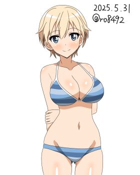 1girl arms_behind_back bikini blonde_hair blue_eyes blush brave_witches breasts cleavage closed_mouth collarbone dated highres large_breasts looking_at_viewer navel nikka_edvardine_katajainen ryohei-0617 short_hair signature simple_background smile solo striped_bikini striped_clothes swimsuit white_background world_witches_series