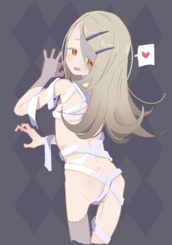 1girl ass bandages blonde_hair colored_eyelashes cowboy_shot flat_ass from_behind gakuen_idolmaster grey_background hair_ornament hairclip halloween_costume heart hrgm idolmaster long_hair looking_at_viewer looking_back mummy_costume naked_bandage open_mouth orange_eyes shinosawa_hiro skinny smile solo speech_bubble spoken_heart standing stitched_arm stitched_face stitched_leg stitches thigh_gap