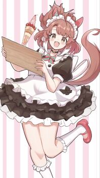 1girl :d ahoge alternate_costume animal_ears apron black_bow black_choker black_dress bow brown_eyes brown_hair cherry choker colored_tips commentary dantsu_flame_(umamusume) dress ear_covers enmaided food fruit highres holding holding_tray horse_ears horse_girl horse_tail kneehighs looking_at_viewer maid maid_apron maid_headdress mary_janes medium_hair multicolored_hair open_mouth parfait pink_background puffy_short_sleeves puffy_sleeves red_shoes shoes short_sleeves smile socks solo standing standing_on_one_leg strawberry striped_background striped_bow sunanuko_(ramuneko) tail teeth tray two-tone_background umamusume upper_teeth_only white_apron white_hair white_socks