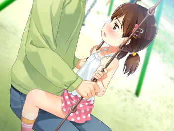 1boy 1girl age_difference atarashii_digital_camera_wo_katta blush brown_eyes brown_hair clothed_sex father_and_daughter flat_chest game_cg hair_ornament hetero implied_sex incest loli moeka_(atarashii_digital_camera_wo_katta) open_mouth original playground polka_dot polka_dot_skirt sexually_suggestive sitting sitting_on_lap sitting_on_person skirt sol-fa-soft stealth_sex straddling swing twintails upright_straddle yoshida_seiji