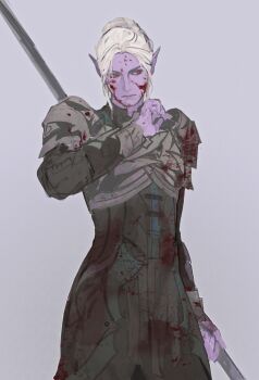 Rule 34 | 1girl, absurdres, armor, baldur's gate, baldur's gate 3, blood, blood on clothes, blood on face, cowboy shot, dark elf, dungeons & dragons, dungeons &amp; dragons, elf, grey background, hair bun, hand up, highres, holding, holding weapon, jiangxing, looking to the side, minthara, pauldrons, pointy ears, red eyes, short hair, shoulder armor, sideways glance, simple background, single hair bun, solo, standing, weapon, white hair