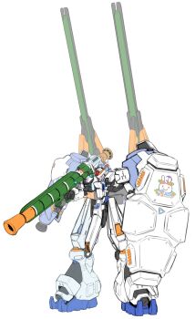 absurdres advance_of_zeta bazooka_(gundam) clenched_hand commentary english_commentary full_body fusion gundam gundam_0083 gundam_build_divers gundam_build_divers_re:rise gundam_gp-02_physalis gunpla highres holding holding_weapon hololive kehaar_ii mecha mecha_focus mobile_suit model_kit no_humans orange_eyes pekodam pinguinkotak robot science_fiction shield simple_background solo standing thrusters tr-6_woundwort v-fin virtual_youtuber weapon white_background